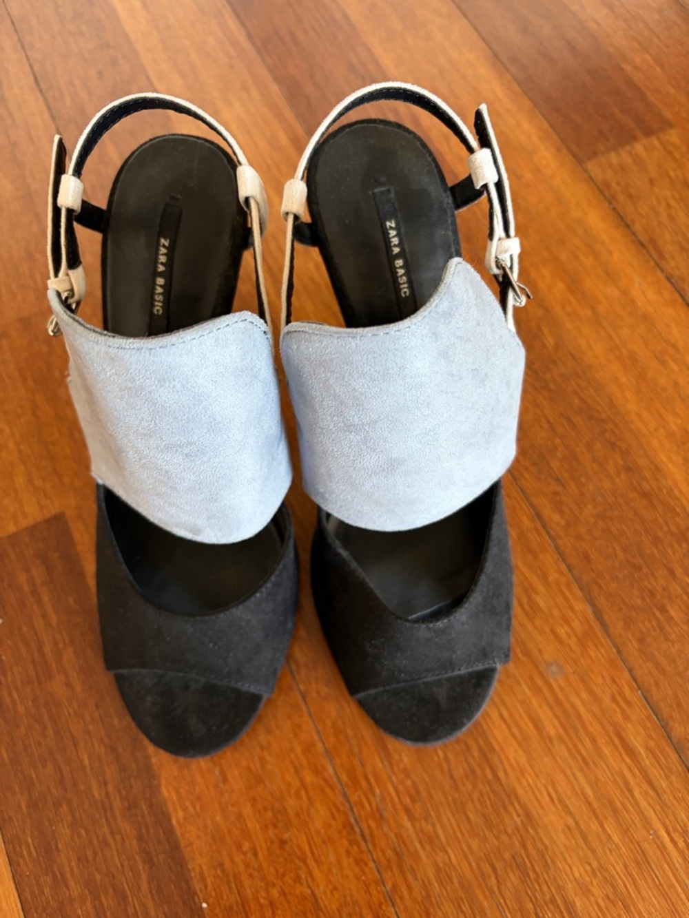 Zara Two-Tone Suede Slingback Heels in Black and Light Gray